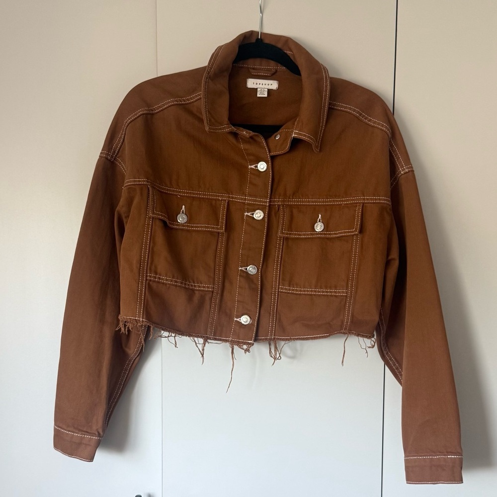 Topshop Cropped Rust Denim Jacket – Raw Hem – US 8